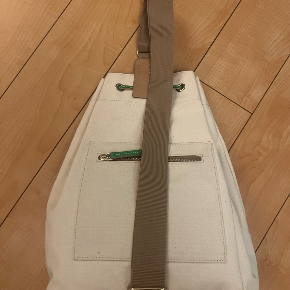 Dooney & Bourke Cream Canvas Drawstring Tote with Green Paddle Pocket - Picture 6 of 7